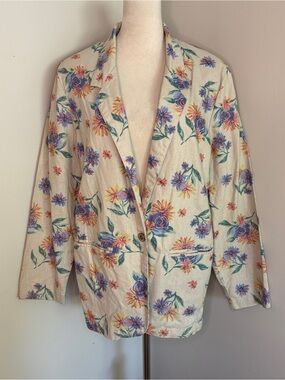 Vintage 62 East 90s Floral Linen-Blend Blazer Jacket Cottage-core Grandma Medium